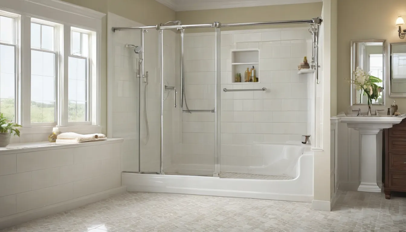 Smiling older homeowner standing at the low entry of a newly converted walk-in shower in a Fairfax home