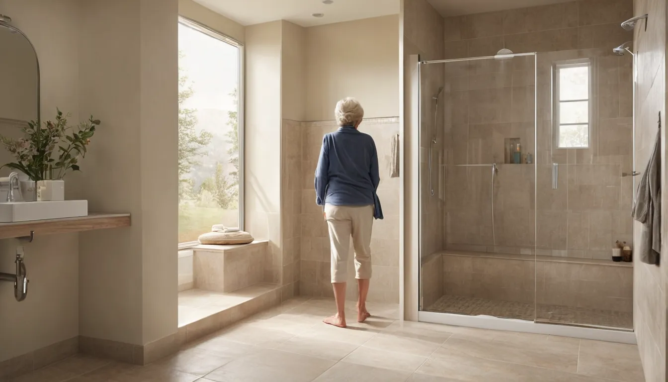 Smiling older homeowner stepping into a bright walk-in shower with a seat and grab bar in a home near Fairfax