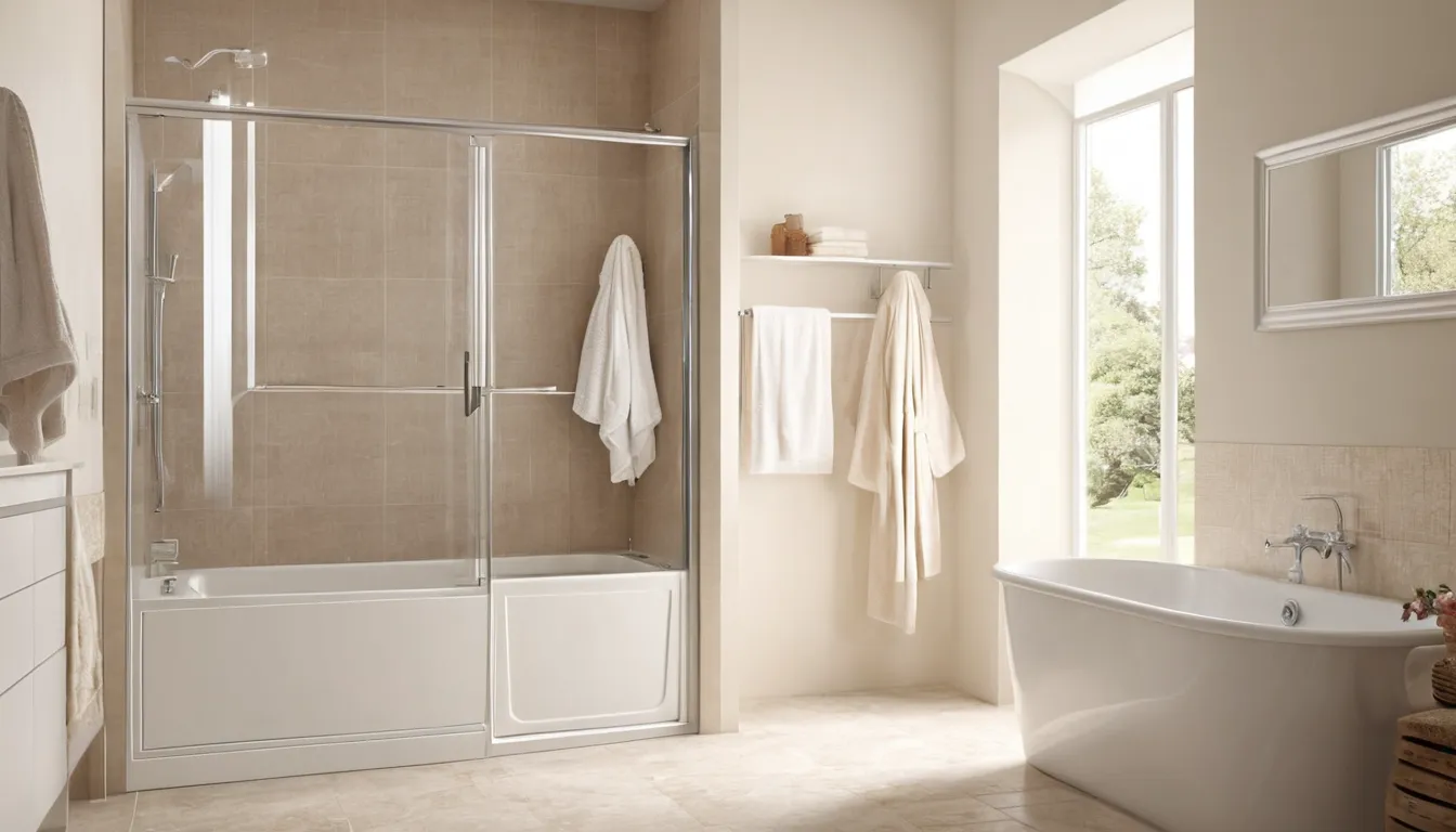 A senior homeowner smiling beside a new walk-in tub in a bright bathroom near Fairfax